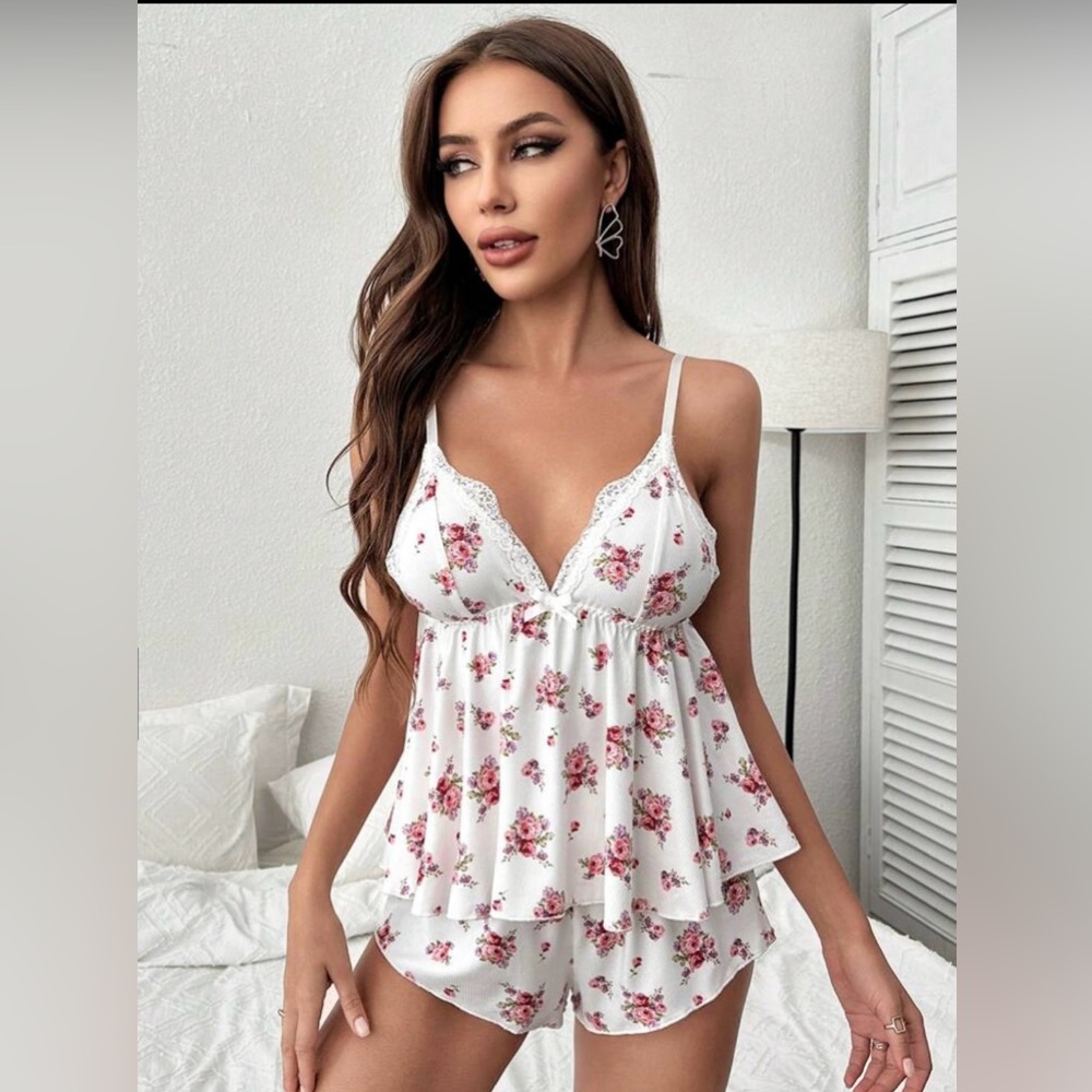 SHEIN White and Pink Ruffle Pajama Set. BNWOT